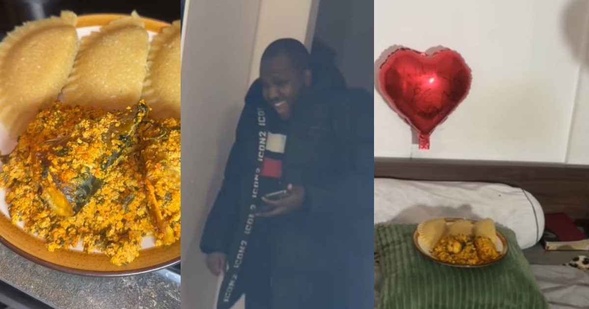 Hilarious moment a woman asks her husband to be her Valentine with a ‘meat-pie-shaped’ Eba with Egusi soup (VIDEO)