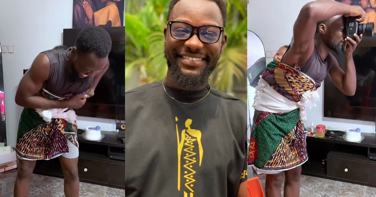 “My hubby gave fatherhood a big chance” – Woman shares video of her husband a photographer cradling their baby on his back while working (VIDEO)