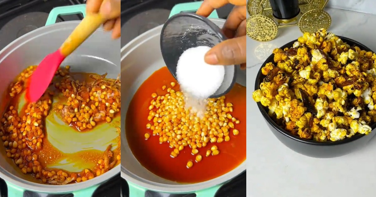 “How I love my popcorn” – Online chef turns heads, prepares popcorn with palm oil and crayfish (WATCH)