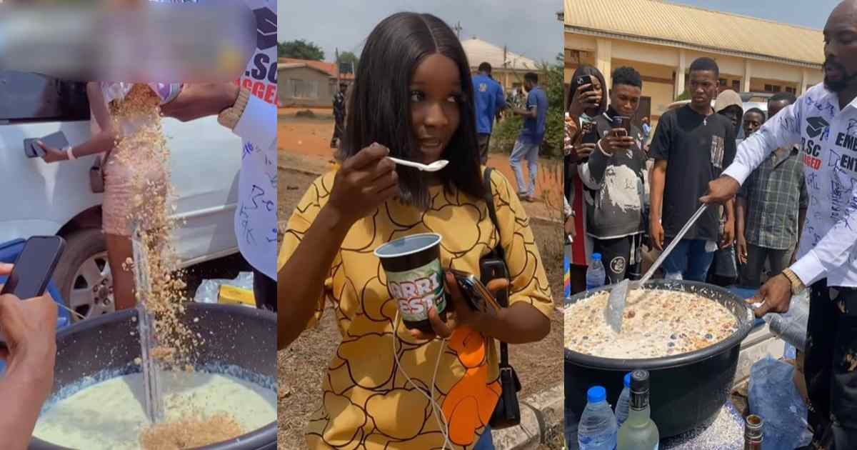 “Imagine drinking garri and you leg starts to shake” – Lady shares the ‘rich man garri’ she drank at her friend’s sign-out party (WATCH)