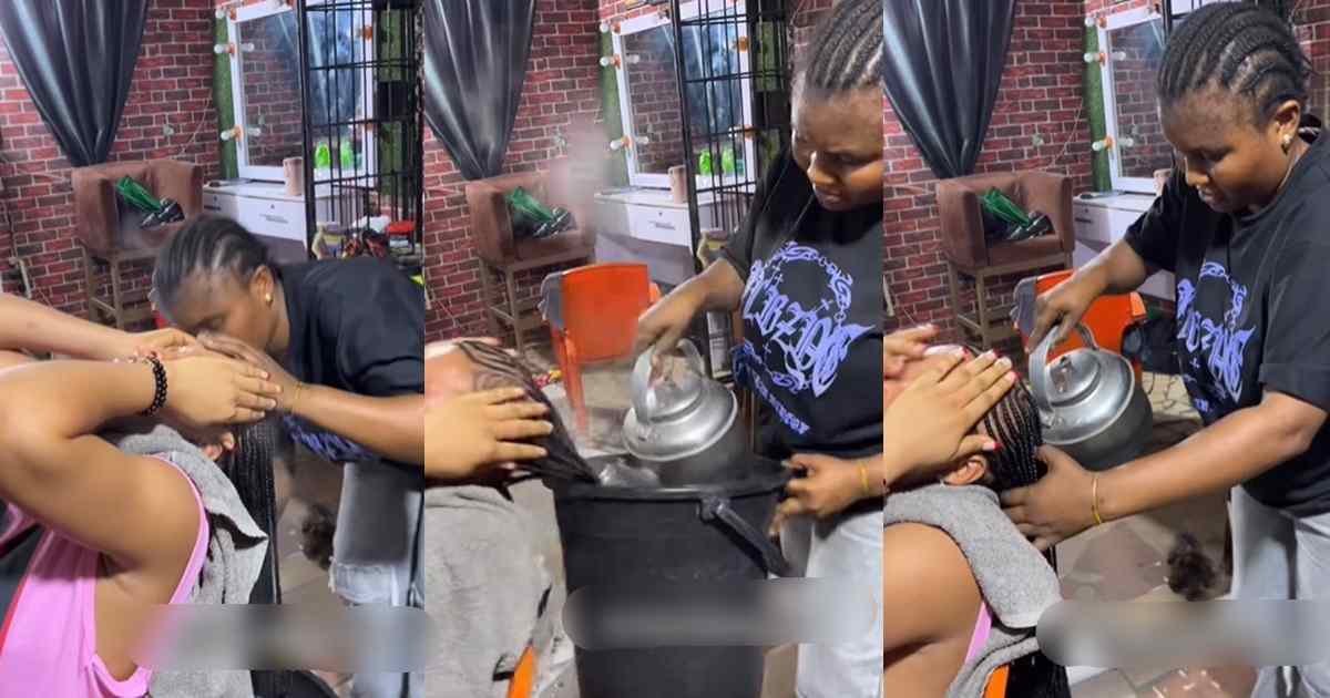 “She poured it in her scalp” – Online users reacted after hairstylist intentionally pours h0t water on client’s scalp (WATCH)
