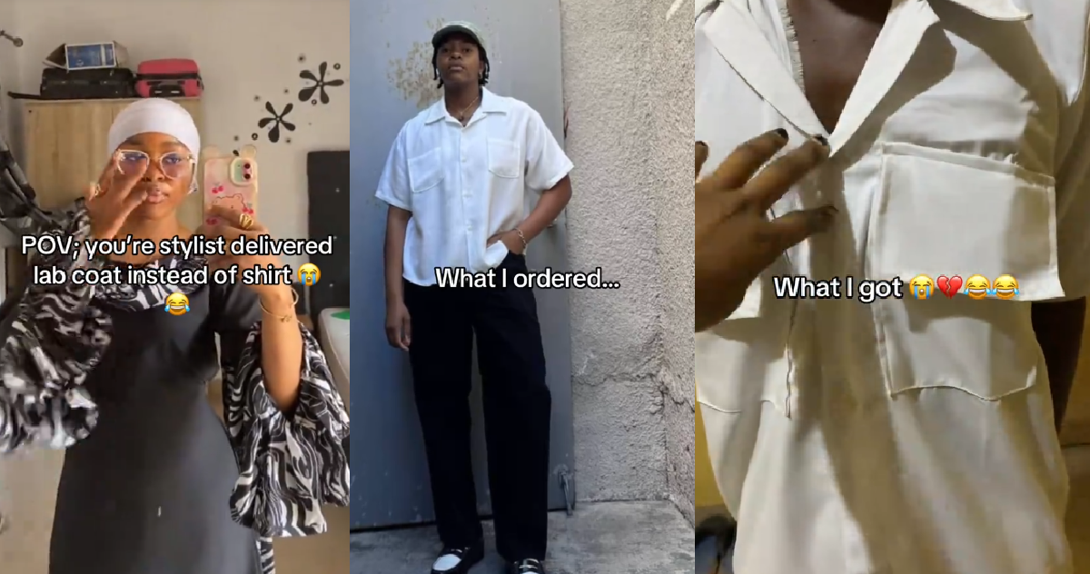 “You’re stylist delivered lab coat instead of shirt” – Lady Shares The Disappointing Garment She Received From Her Stylist (WATCH)