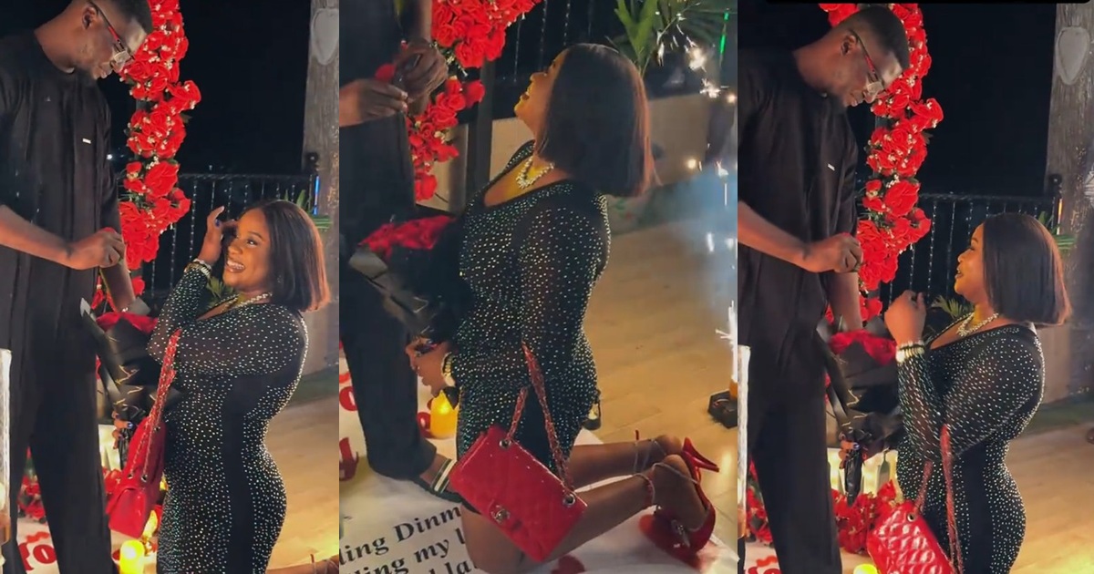 “You are next in line” – Nigerian lady shows sign of a good wife, kneels to accept an engagement ring from her partner (WATCH)