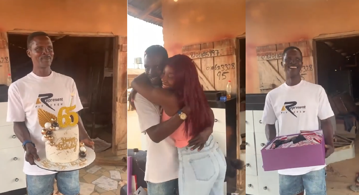 Nigerian Lady Makes Her Dad’s 65th Birthday Special By Surprising Him At His Workplace With A Beautiful Cake And Various Other Gifts (WATCH)
