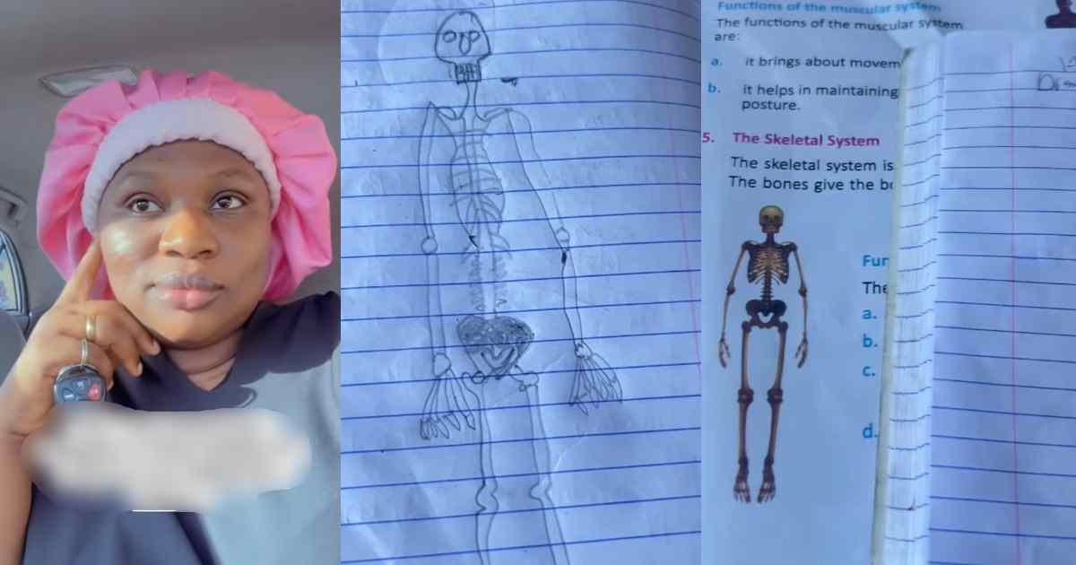 “Didn’t I try?” – Woman asks as she showcases the human skǝleton drawing she helped her daughter draw for school (WATCH)