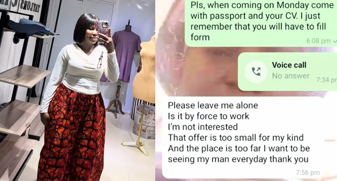 “I want to be seeing my man every day” – Businesswoman shares the surprising response of  a 21-year-old tailor seeking a job (WATCH)