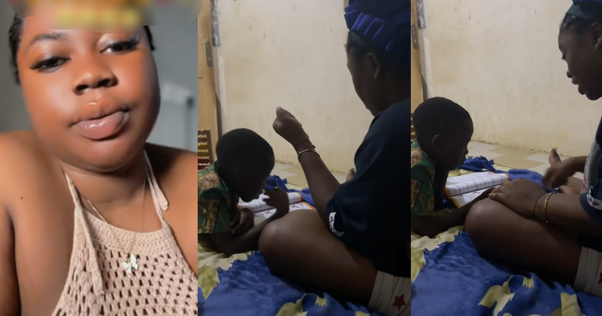 “Motherhood how does it feel” – Lady laughs as she watches her sister disc!pline her niece while helping her with an assignment (WATCH)