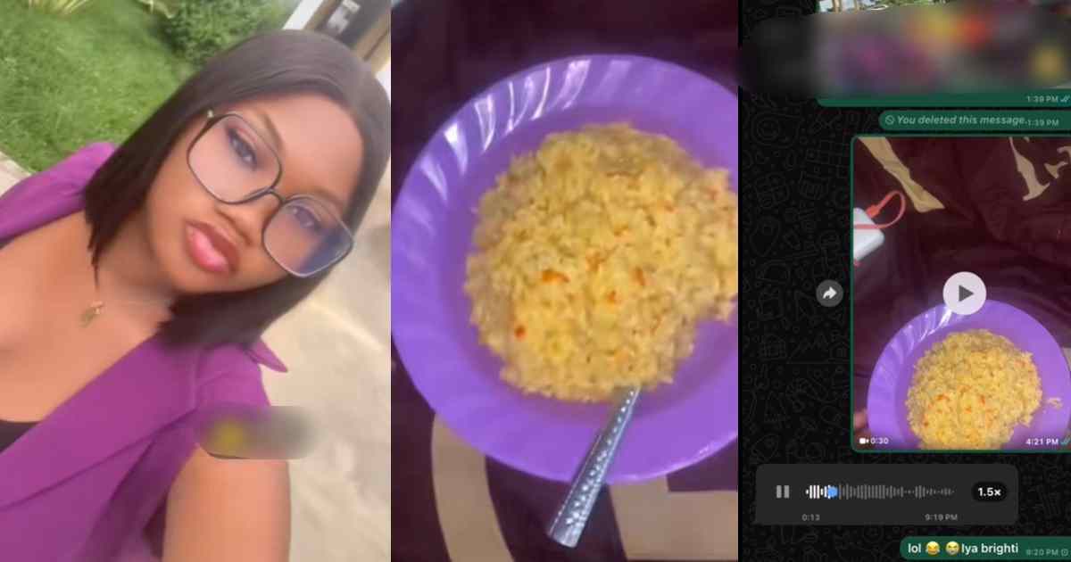 “Nobody knows when you eat with egg, fish and plantain” – Nigerian mum mOcked her daughter after she sent a video of the concoction rice she prepared in school without protein (VIDEO)