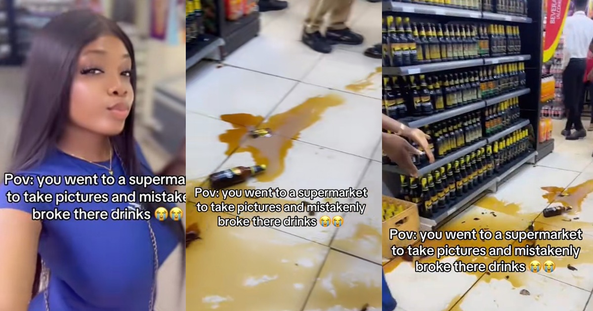“I asked for the bill immediately” – Lady acc!dentally brǝaks drink bottles while taking selfies at a supermarket (WATCH)