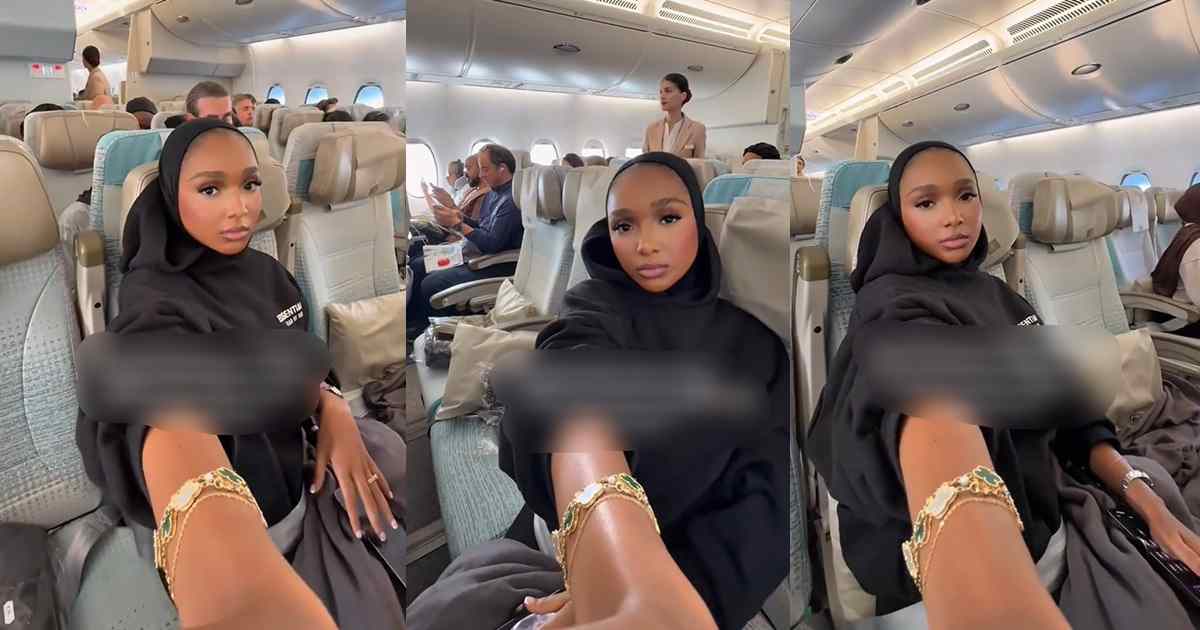“First and business class sold out so my husband booked me 4 seats in economy instead” – Woman shows off (WATCH)