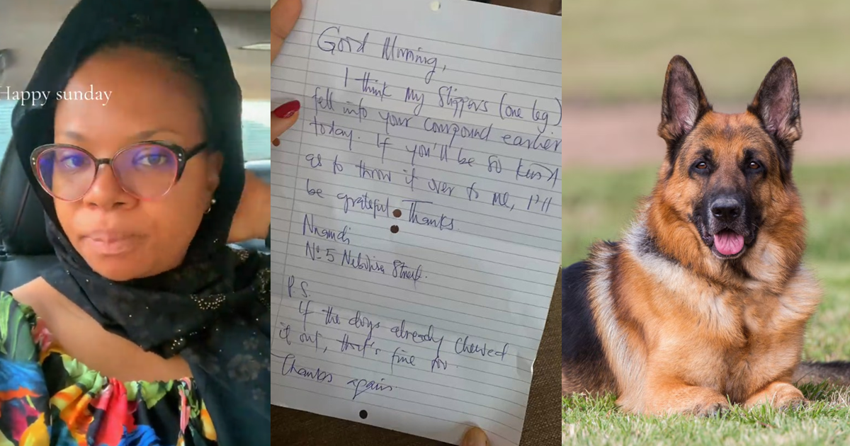 “The fear of my dogs is the beginning of wisdom” – Dog owner shares the letter her neighbor slid through her gate after his slippers fell into her compound (VIDEO)