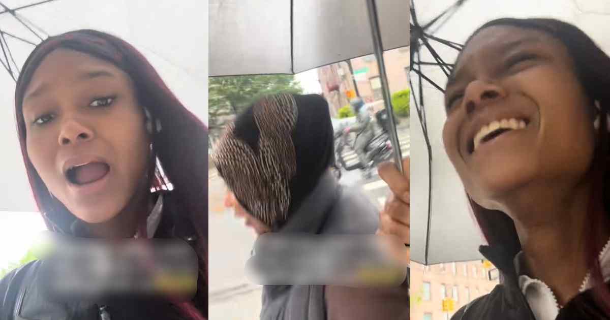 Abroad-based lady amazed after an elderly woman came under her umbrella and started walking with her while it was raining (WATCH)