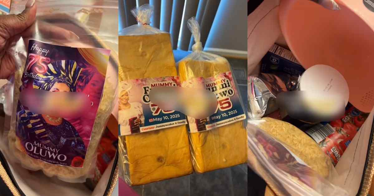 “Nigerians are best in party favors” – Lady shows off the customized souvenirs she received at a 75th birthday party (WATCH)