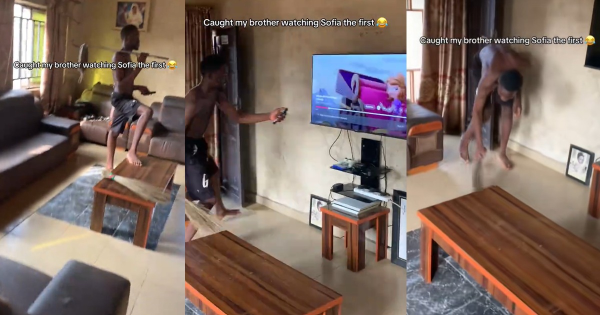 “See pesin wey suppose dey sweep house” – Hilarious moment a lady caught her brother watching a female-inspired cartoon instead of doing his chores (WATCH)