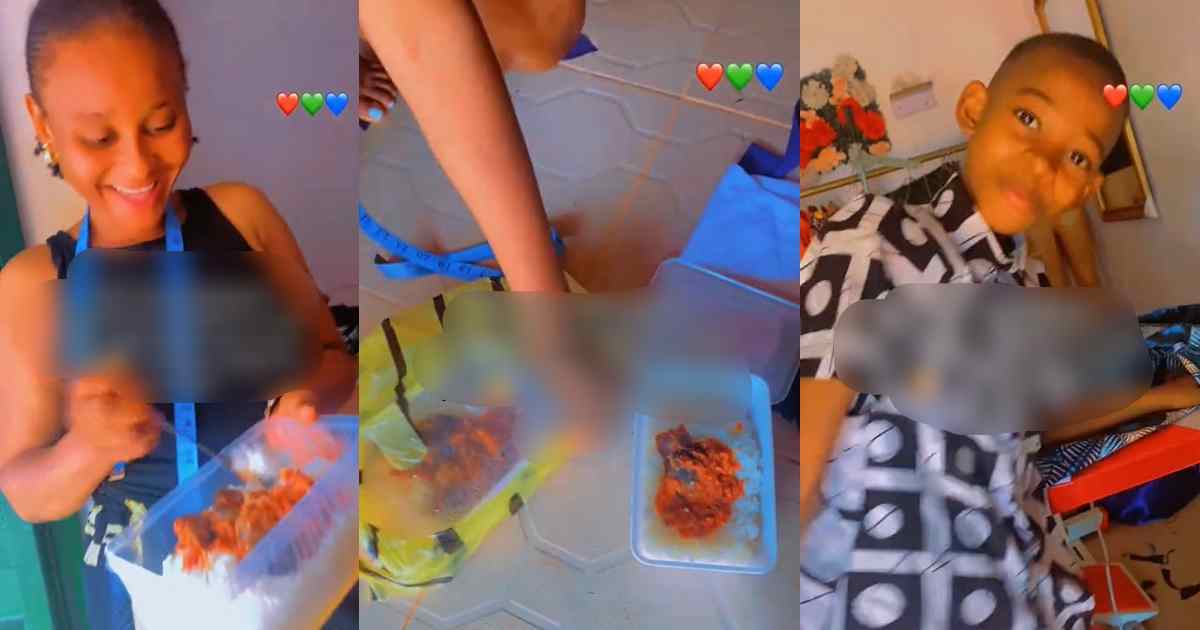 Nigerian mum excited after her 13-year-old son cooked rice and stew for her and colleagues (VIDEO)