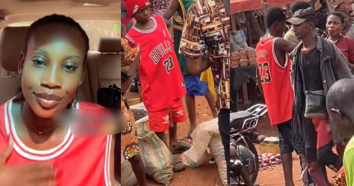 “I no know say na my village people uniform” – Lady feels ashamɘd to see individuals wearing the same matching jersey as her at the village market (VIDEO)