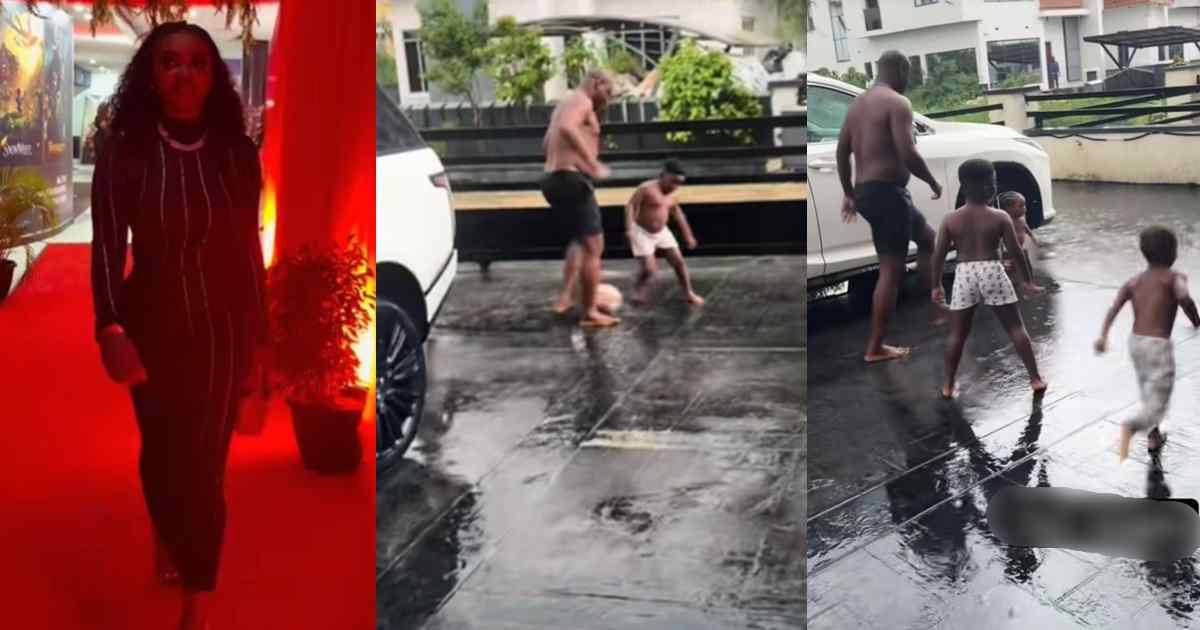 “Even my 1-year-old was excited to play” – Woman returns home to meet her husband and three kids playing football in the rain (WATCH)