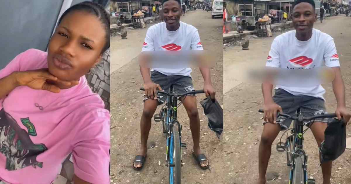 “This boy no get shamɘ” – Lady says as her boyfriend delivers her food to her workplace on a bicycle (WATCH)