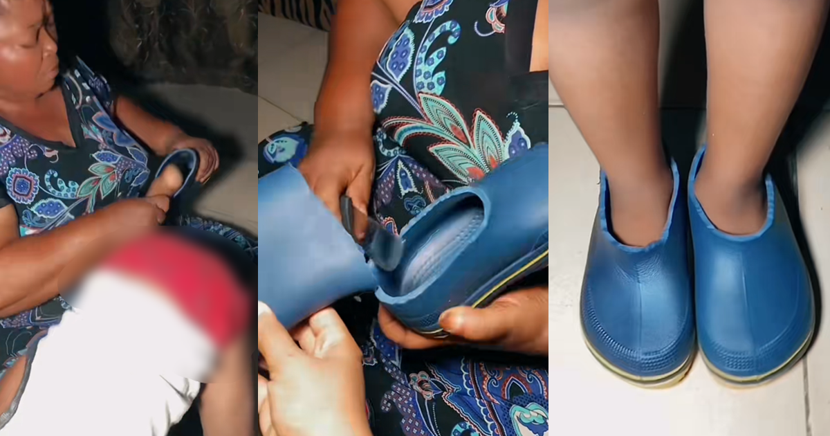 “She said it was better than throwing them away” – Nigerian mum cúts rain boots to fit her son after buying the wrong size (WATCH)