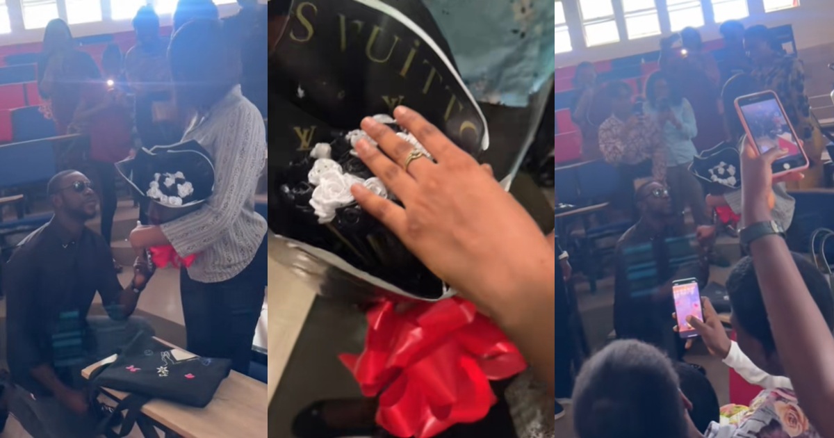 Moment a Nigerian student proposed to his girlfriend, who is also his coursemate, in class (Watch)