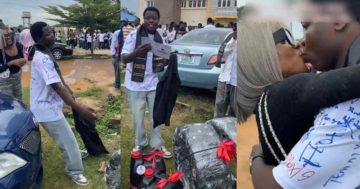 The lovely moment a lady gifted her boyfriend tyres and kegs of fuel on his signing-out day (VIDEO)