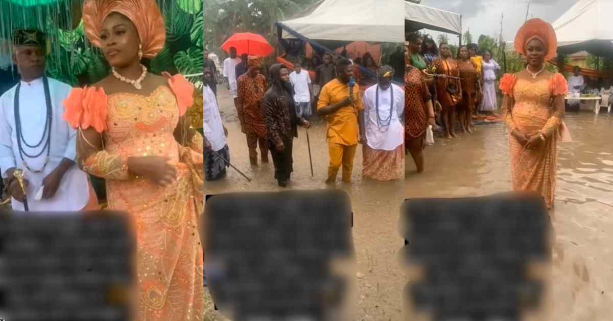 “Not even the rain can stop the bride on her traditional day” – Nigerian couple boldly went ahead with their traditional wedding ceremony despite a heavy downpour that left the venue fl00ded (WATCH)