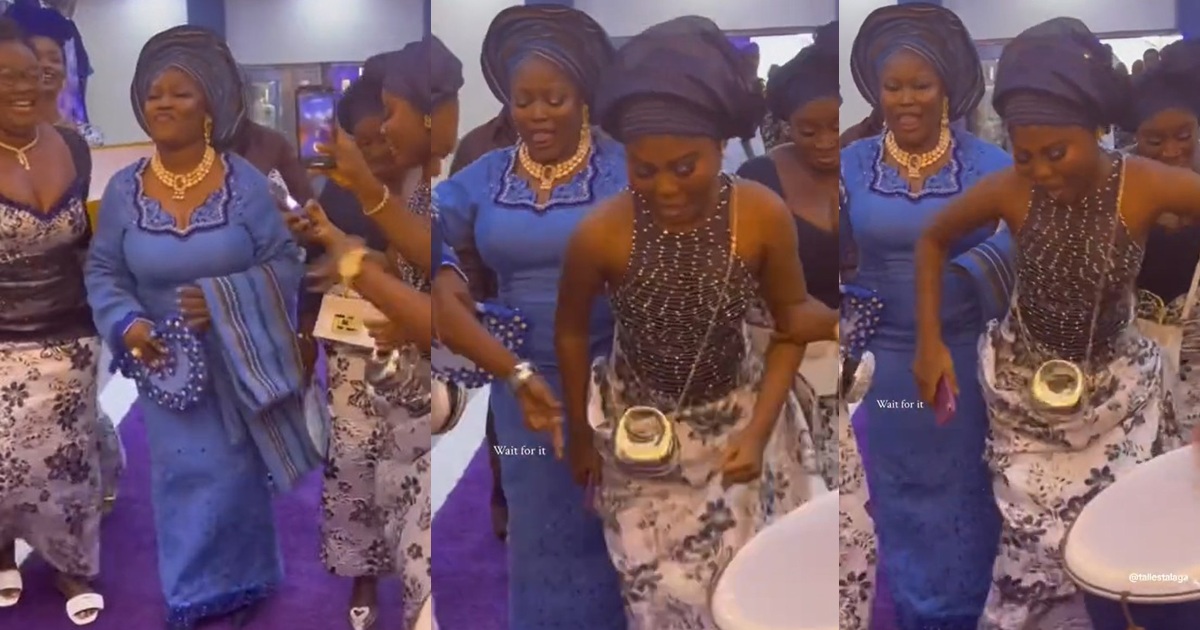 Aso-ebi lady forgets herself at her friend’s wedding, tries to stɘal the spotlight with her dance performance (Watch)