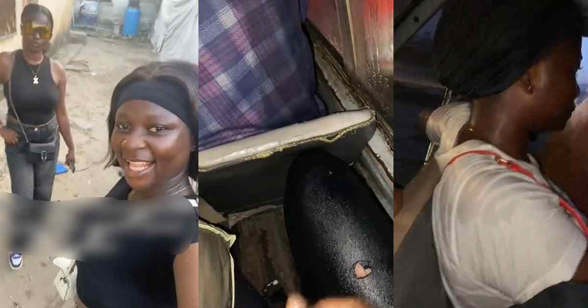 “Rain bǝat us no be small” – Lady and her friend drenched in a Lagos danfo during a heavy downpour at night (WATCH)