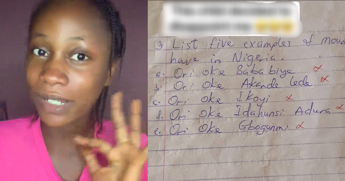Woman expresses disappo!ntment after her child listed the names of  ‘prayer mountains’ instead of actual mountains in Nigeria for a school assignment (IMAGES)
