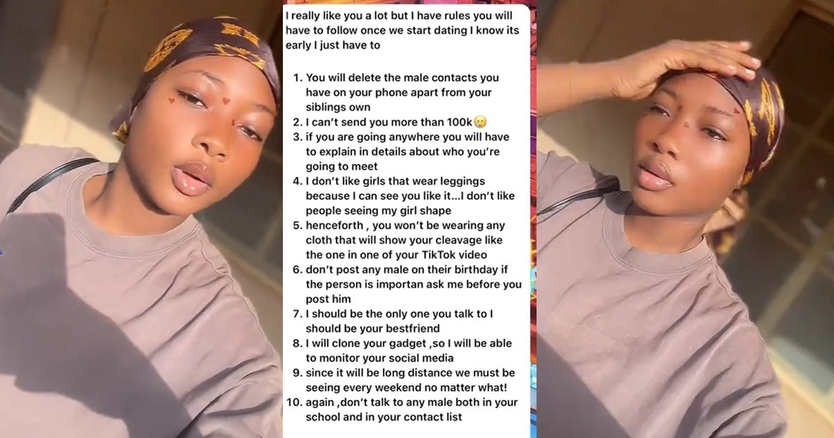 “Don’t talk to any male both in your school and your contact list” – Lady shares the ’10 commandments’ her talking stage from TikTok wants her to follow when they begin dating (WATCH)