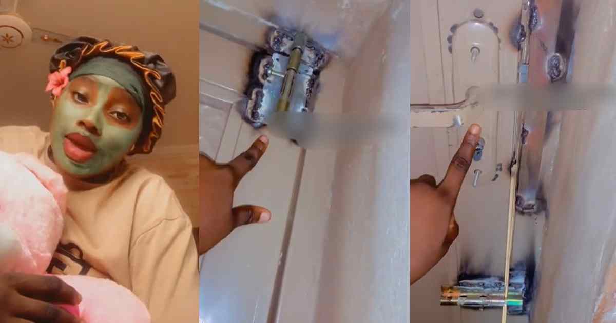 Lady showcases five heavy locks a welder installed on an iron door after a robbɘry incident occurred at her school hostel (WATCH)