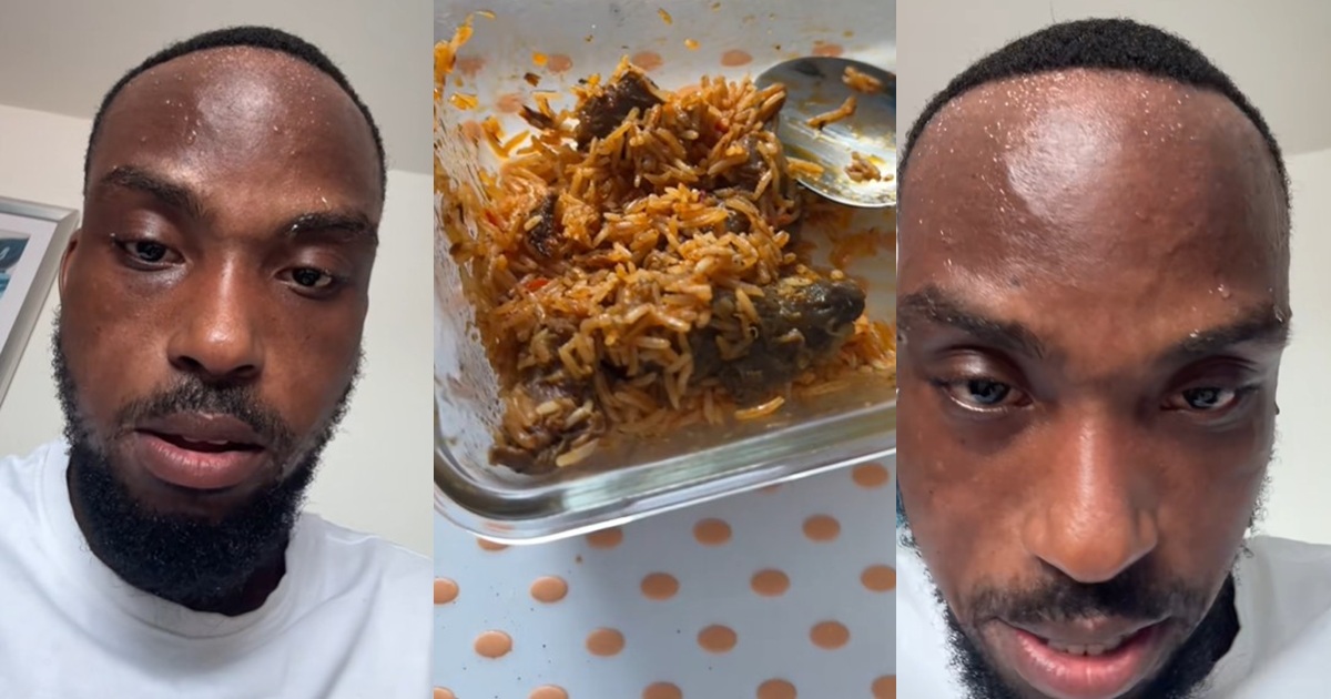 “But it was too good to stop” – Man sweats excessively as he savors his mum’s spicy jollof rice (WATCH)