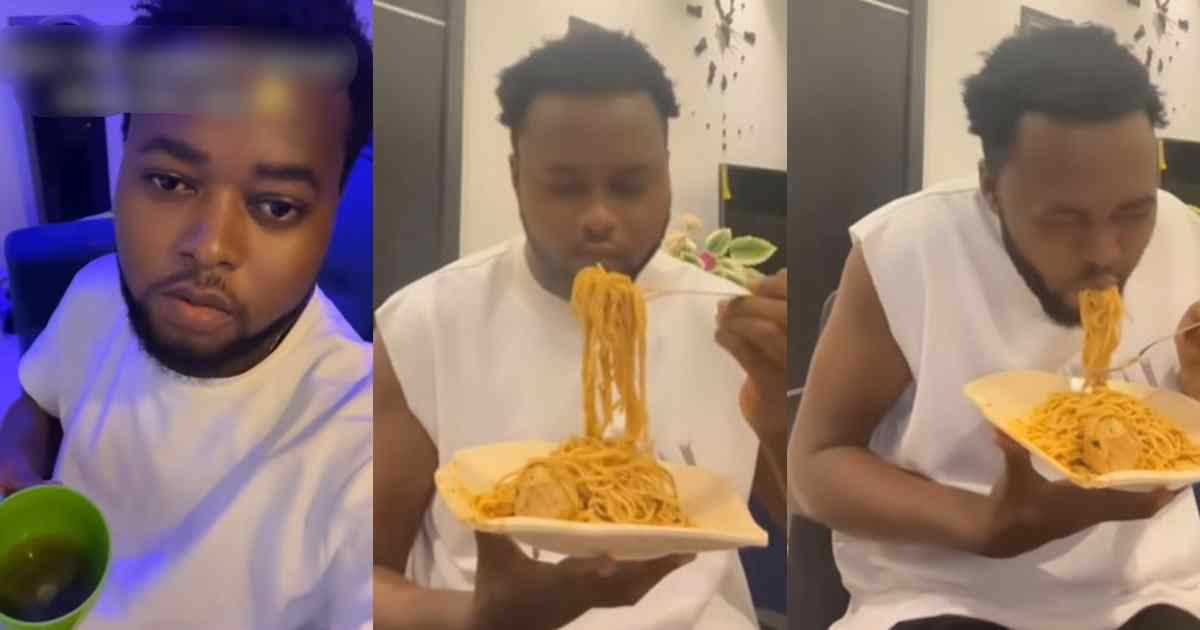 “My tongue still dey vɘx for me” – Man lamɘnts after burning his mouth while eating hot pasta during a video shoot (Watch)