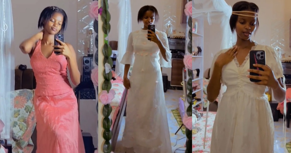 “They are pretty dresses just that what occasion can l put them on” – Lady says as she shows off outfits gifted by her mum’s friend (WATCH)