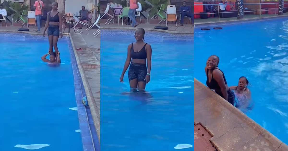 “New challenge, guys” – Lady says as she walks underwater with her friend standing on her shoulders (WATCH)