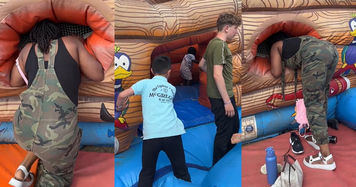 Nigerian woman calls out her daughter’s full government name in pan!c after she refuses to exit the inflatable balloon at the park (VIDEO)
