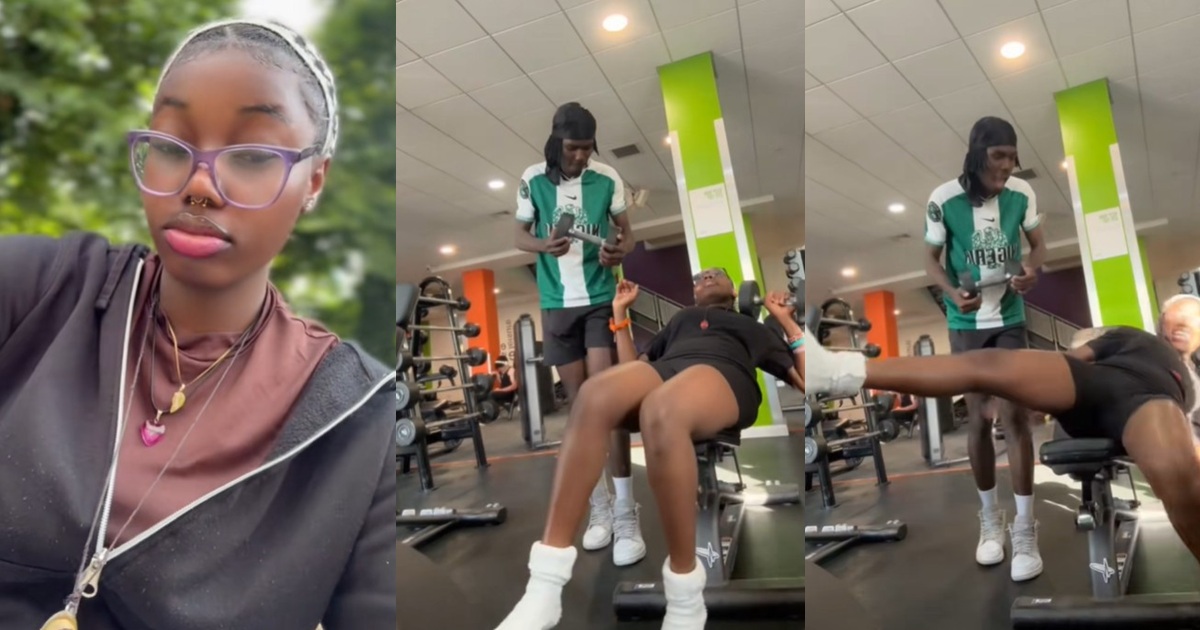 “The shii just pulled me down just like that” – Lady f@lls after trying to carry a 10kg dumbbell at the gym (WATCH)