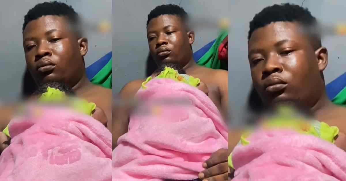 “Bundle of joy no let baba sleep” – Woman shares her husband’s tired look after staying awake with their baby all night (VIDEO)