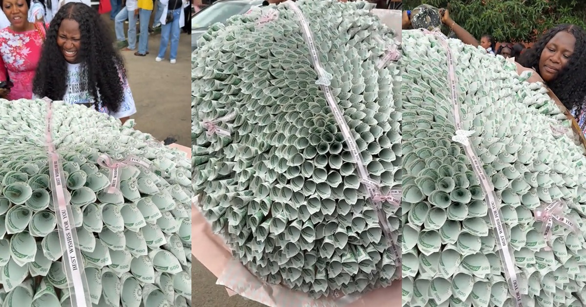 Lady receives jaw-dropping money bouquet from her man on her sign-out day (WATCH)