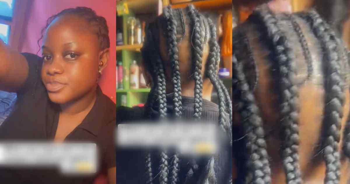 Lady shows off the bald spot at the back of her head while making cornrows, asking netizens for advice on how to fix it (WATCH)
