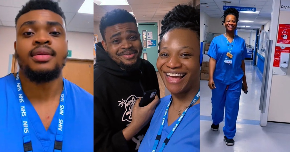 “Never easy but we make it work” – Abroad-based Nigerian couple shares how working opposite shifts kept them distant for two days (WATCH)