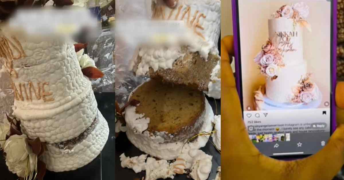 “The cake was too strong that I couldn’t even trim it” – Cake vendor recounts how a baker delivered a hard, melting cake for a friend’s wedding (WATCH)