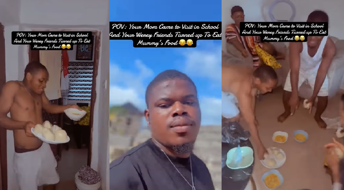 Man shares how his friends turned up with joy to eat his mum’s food during her visit (VIDEO)
