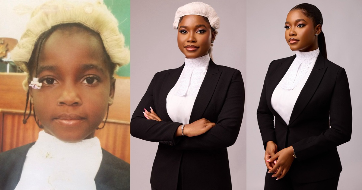 “From dreams to reality” – Lady recreates childhood photo as she celebrates her call to the bar (IMAGES)