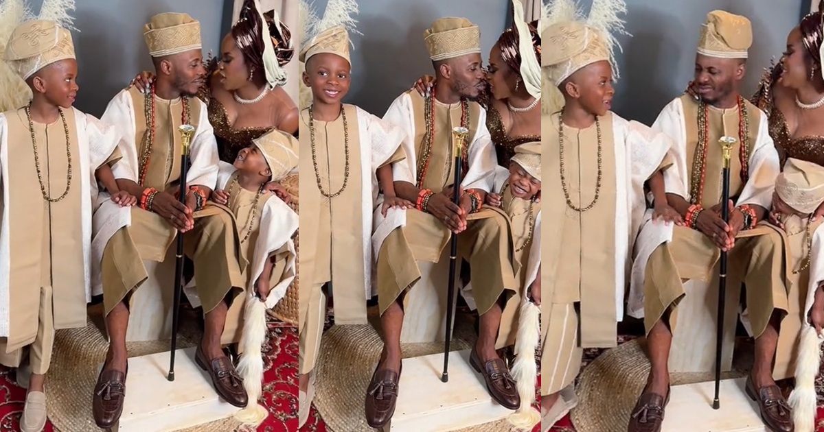 Nigerian mum shares her kids’ reaction to her k!ssing their dad during a family photoshoot (VIDEO)