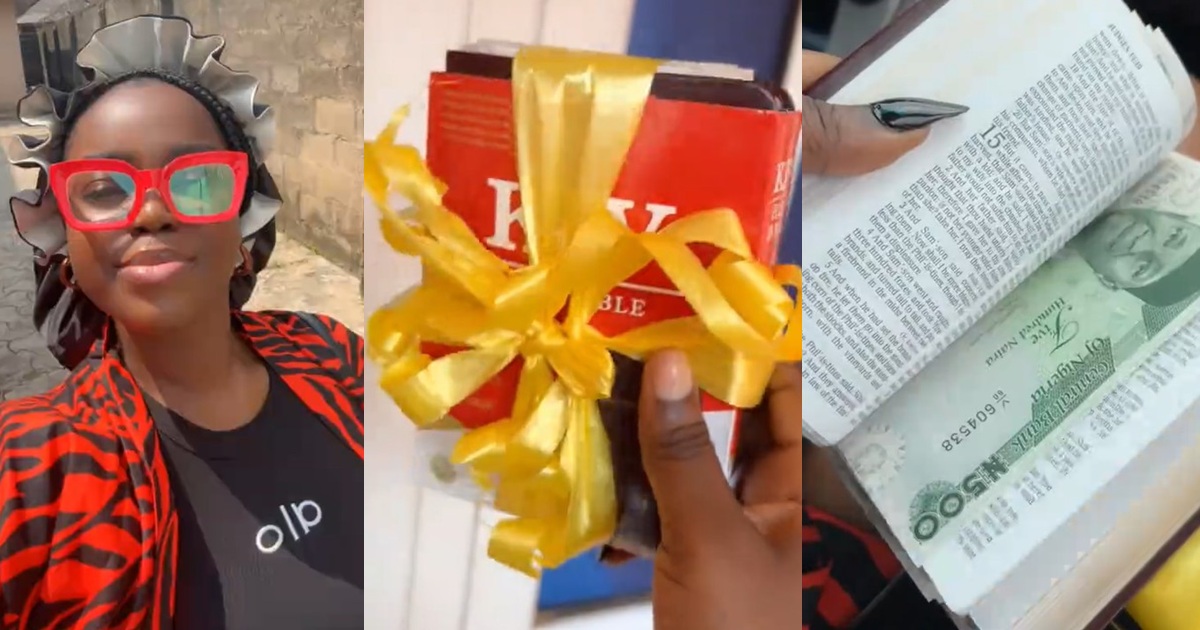 Lady receives a Bible gift from her mom with surprise cash hidden inside the pages (WATCH)