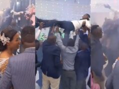 Bride pleads with best man to help bring her groom down after friends lift him mid-celebration (Watch)