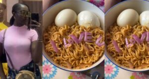 Lady amused after her younger sister uses onions to spell “I Love U” on her noodles meal (Watch)