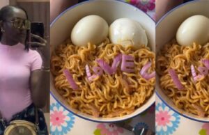 Lady amused after her younger sister uses onions to spell “I Love U” on her noodles meal (Watch)
