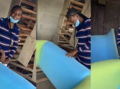 Furniture maker makes his girlfriend work in his workshop to show how hard he works before sending her money (Watch)